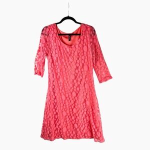 Fresh of LA Dress Salmon Pink Orange Mesh Overlay 2X Lined 3/4 Sleeve‎ Sheer Dot